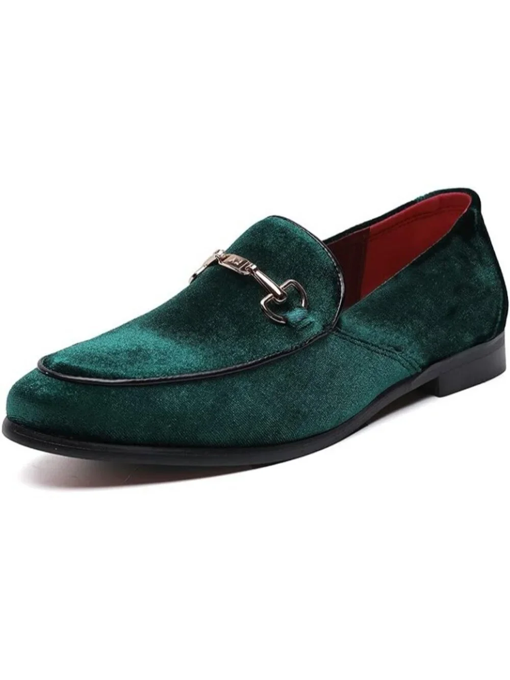 LCQL Men's Green Leather Velvet Loafer Gold Buckle Slip On Comfortable Shoes